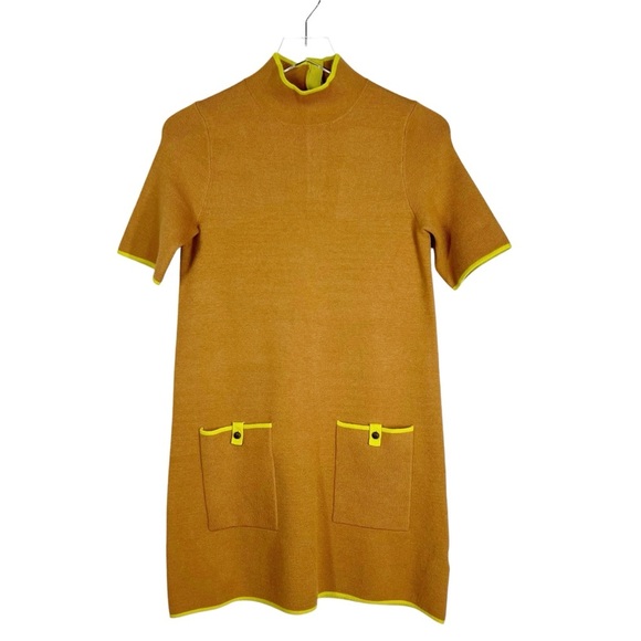 MAEVE Annelise Tan Short Sleeve Knit Sheath Dress with Lime Green Trim & pockets - Picture 2 of 9
